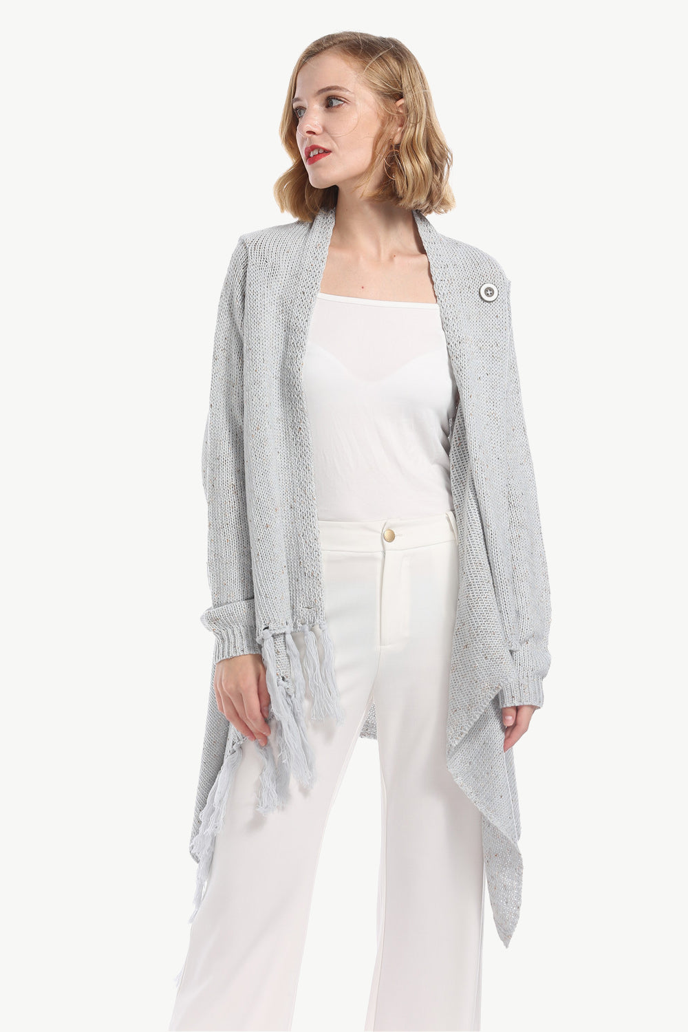 One-Button Tassel Tie Asymmetrical Hem Cardigan - SHIRLYN.CO