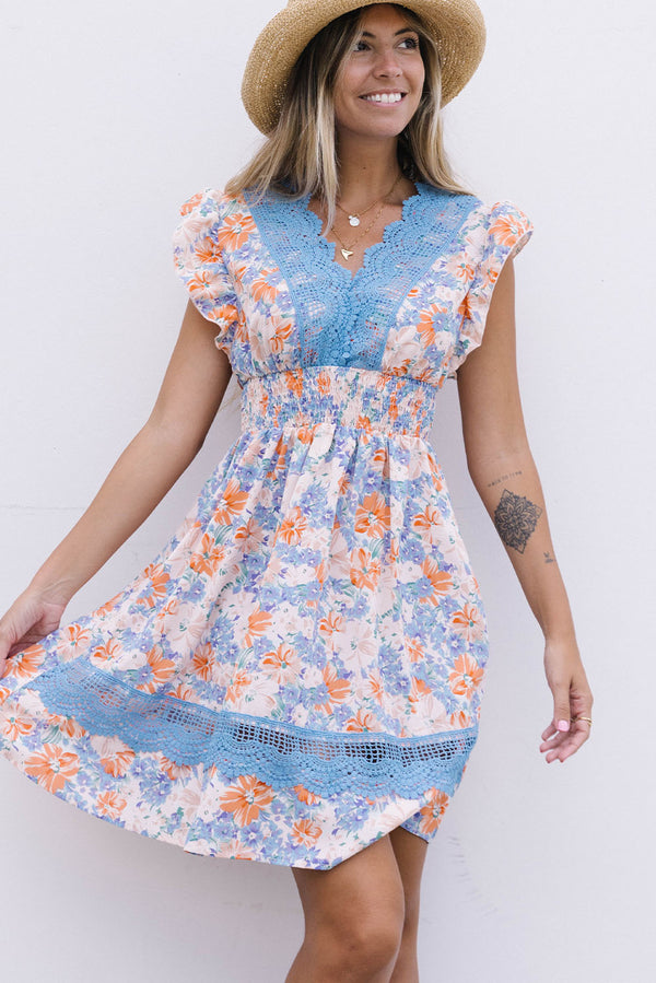 Floral Smocked Waist Spliced Lace Dress - SHIRLYN.CO