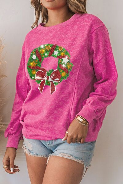 Wreath Sequin Round Neck Long Sleeve Sweatshirt