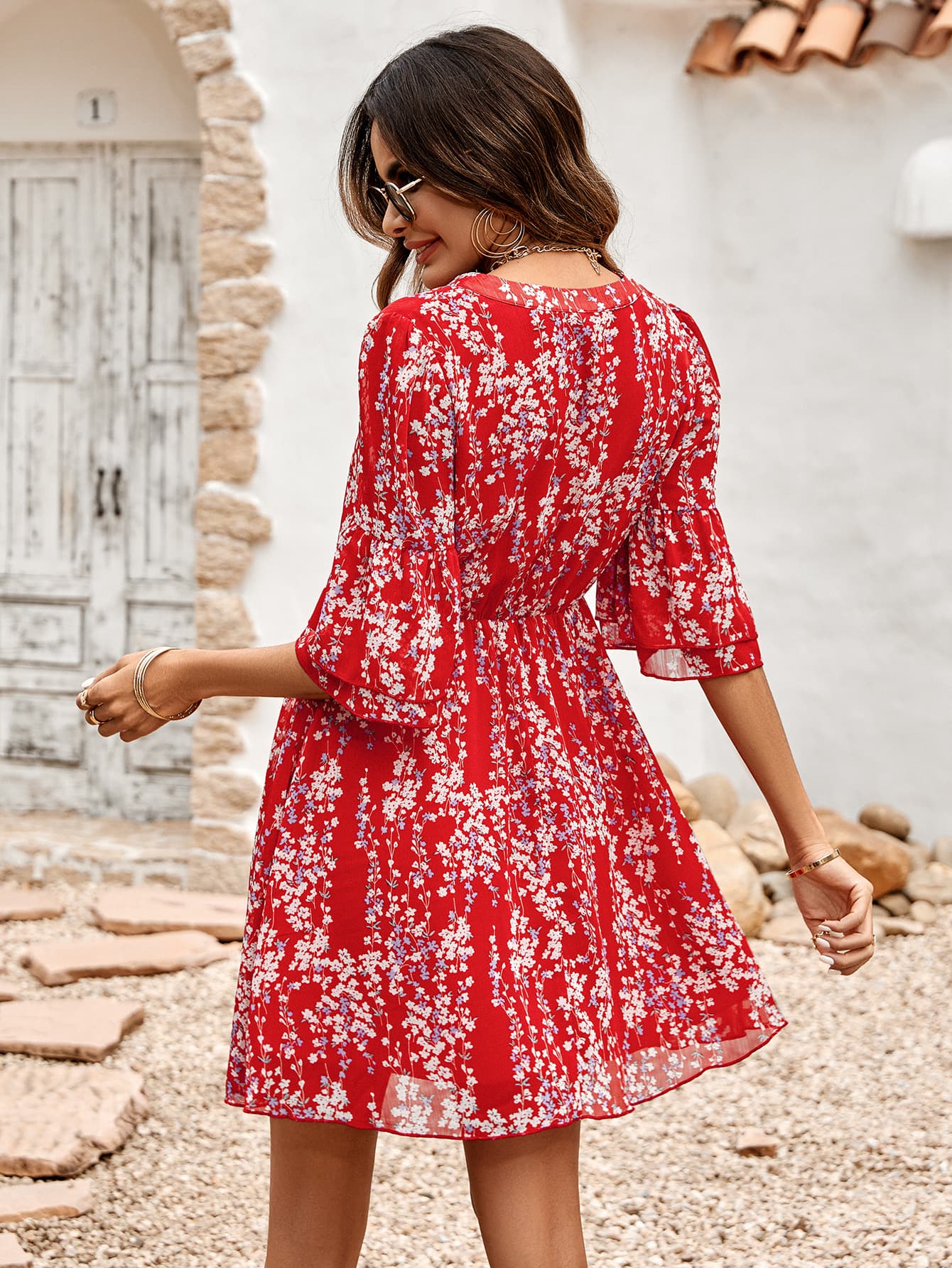 Floral Notched Neck Flounce Sleeve Dress - SHIRLYN.CO