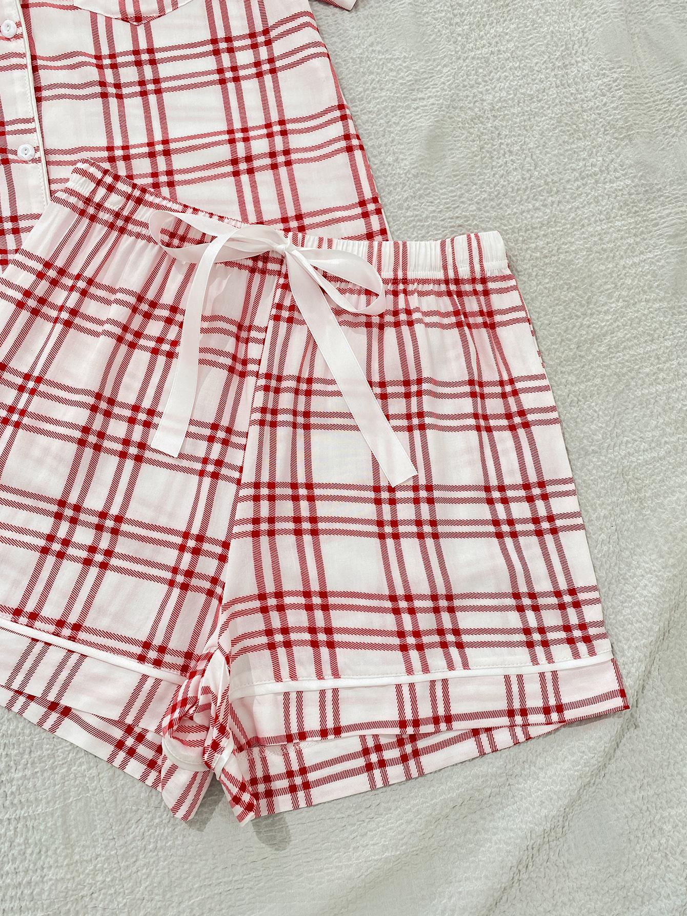 Plaid Lapel Collar Shirt and Shorts Lounge Set - SHIRLYN.CO