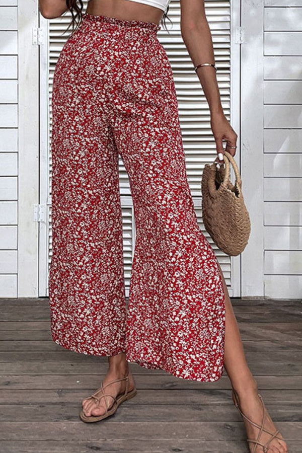 Ditsy Floral Slit Paperbag Waist Wide Leg Pants - SHIRLYN.CO