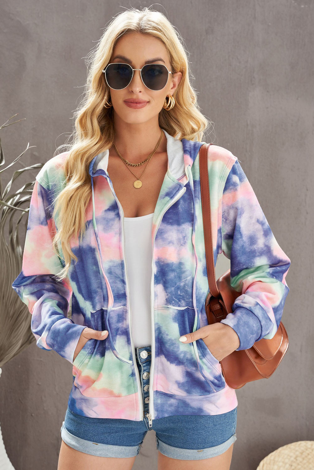 Tie-Dye Drawstring Detail Zip Up Hooded Jacket - SHIRLYN.CO