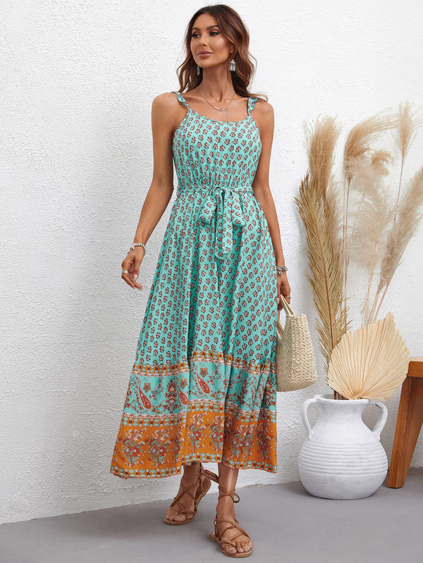 Bohemian Tie Waist Scoop Neck Dress - SHIRLYN.CO