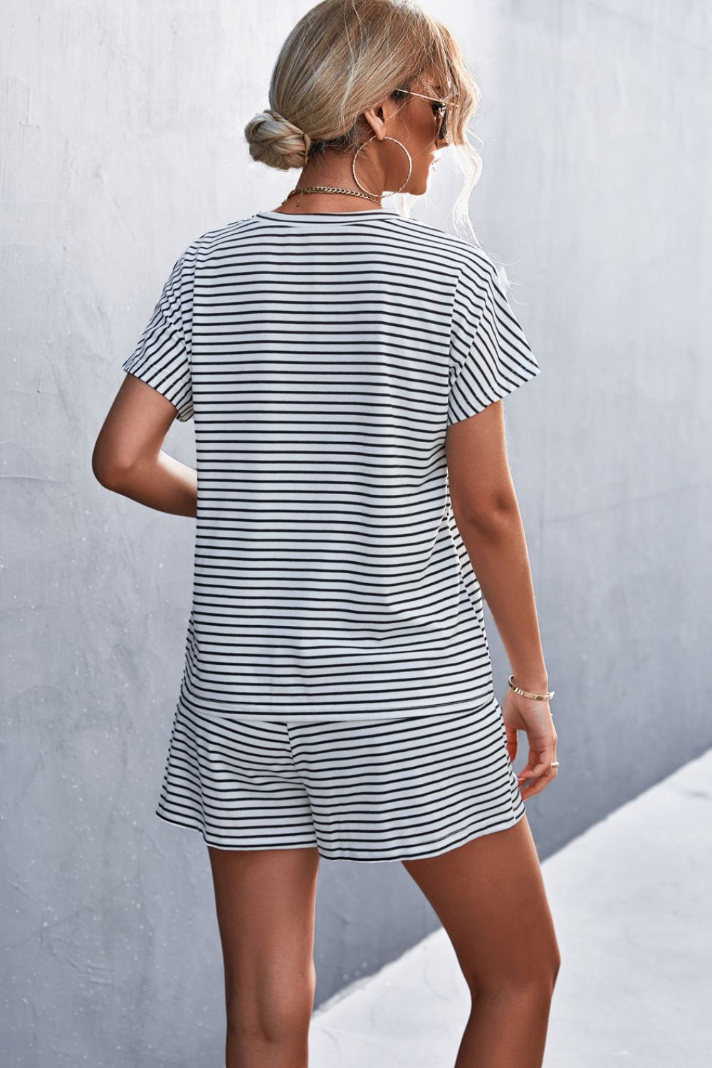 Striped Round Neck Tee and Shorts Set - SHIRLYN.CO