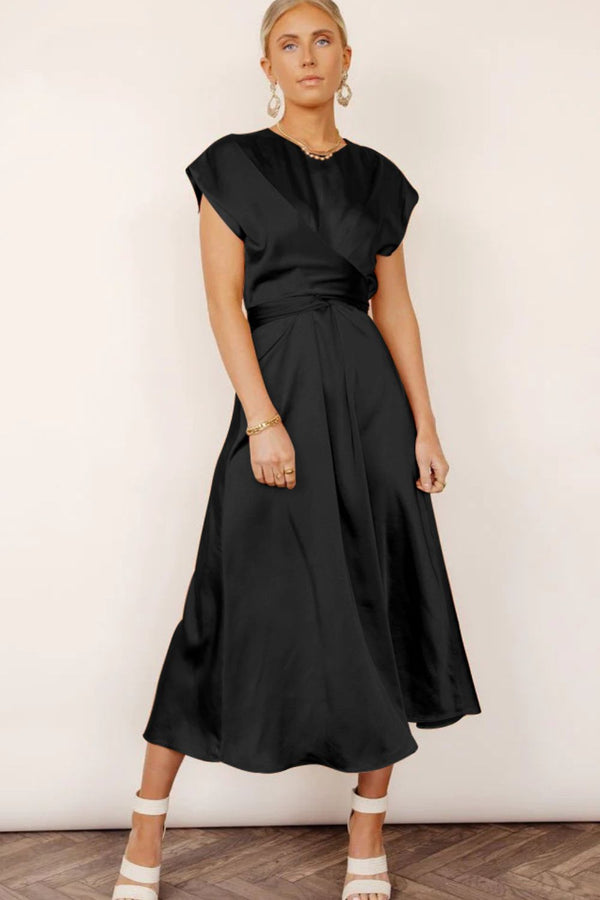 Satin Cap Sleeve Tie Back Midi Dress - SHIRLYN.CO