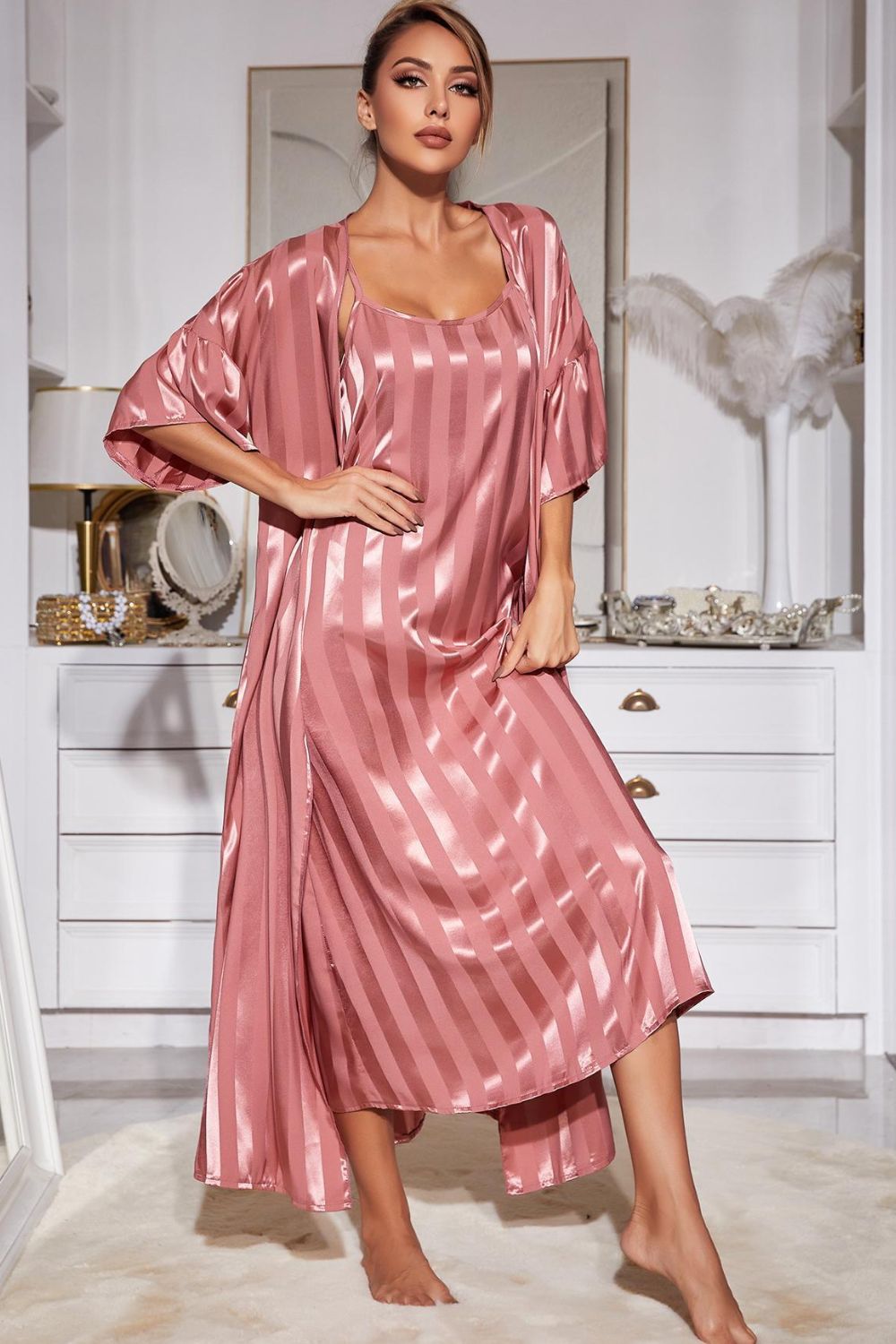 Striped Flounce Sleeve Open Front Robe and Cami Dress Set - SHIRLYN.CO