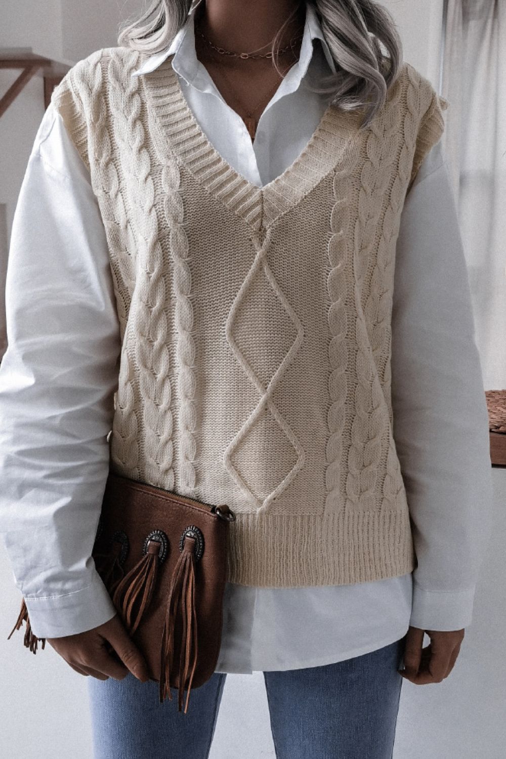 Cable-Knit Ribbed V-Neck Sweater Vest - SHIRLYN.CO