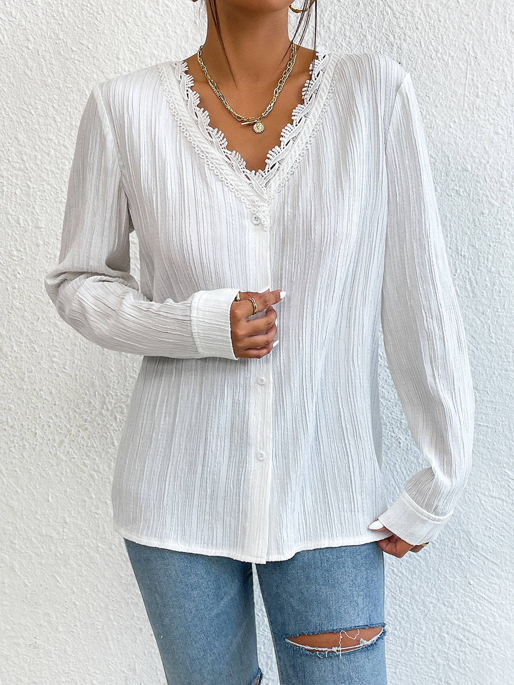 Lace Trim V-Neck Long Sleeve Shirt - SHIRLYN.CO