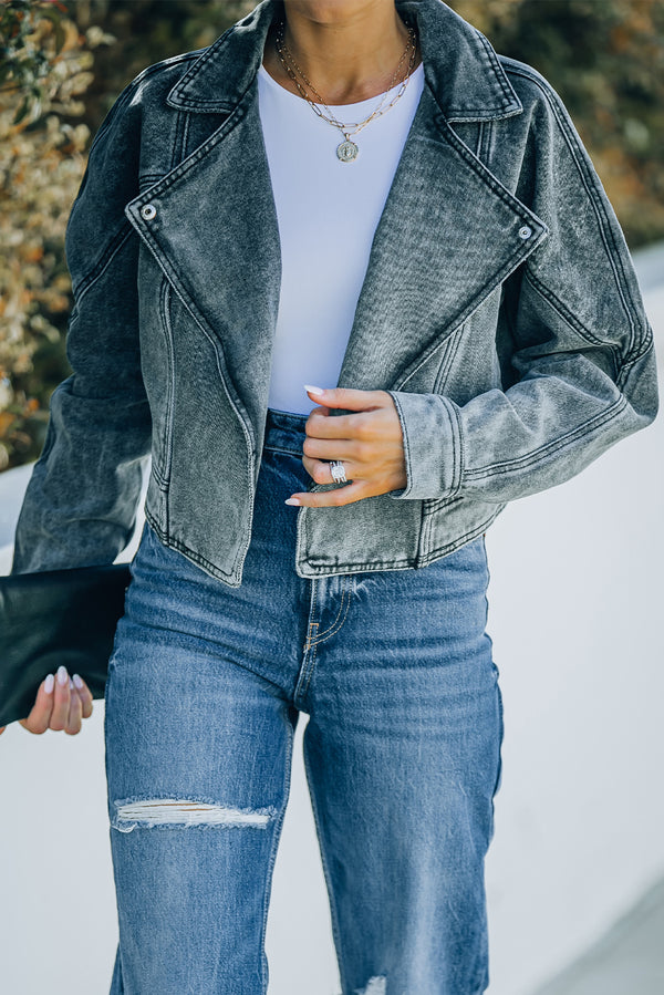 Acid Wash Lapel Collar Cropped Denim Jacket - SHIRLYN.CO