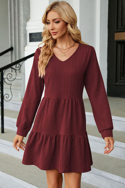 V-Neck Long Sleeve Mini Dress