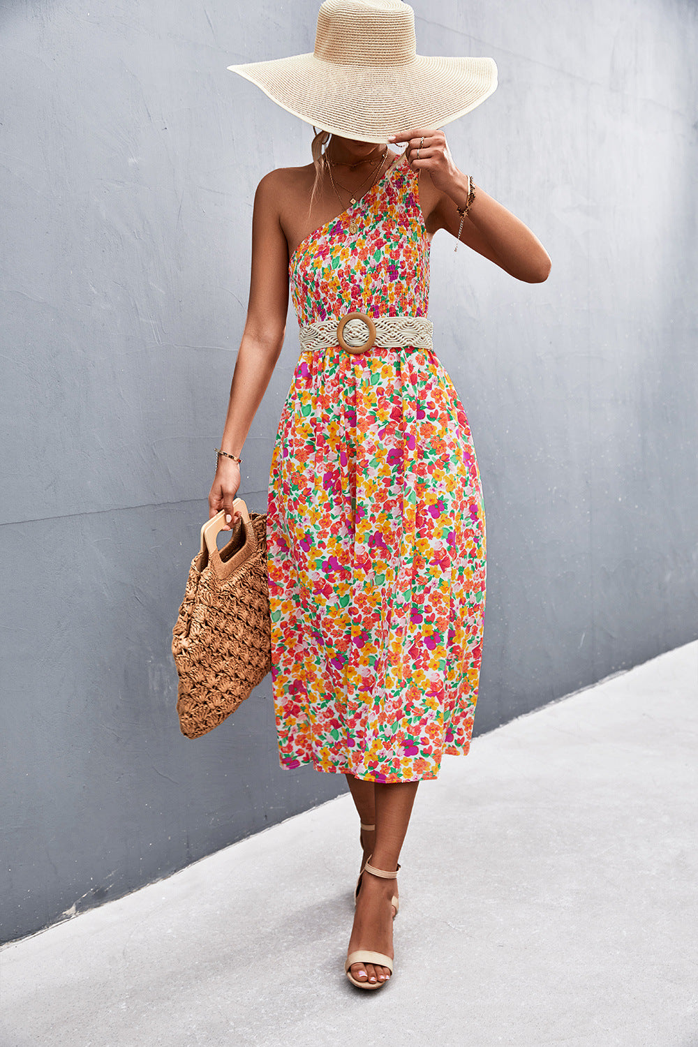 Floral Smocked One-Shoulder Midi Dress - SHIRLYN.CO