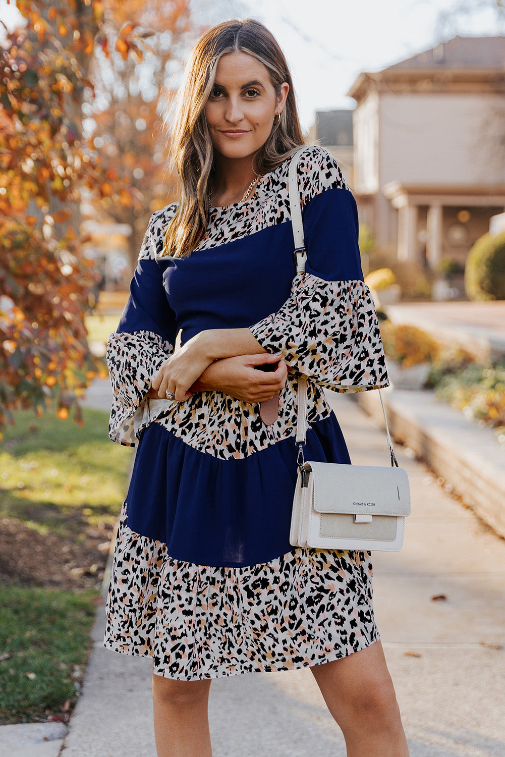 Animal Print Color Block Flare Sleeve Dress - SHIRLYN.CO