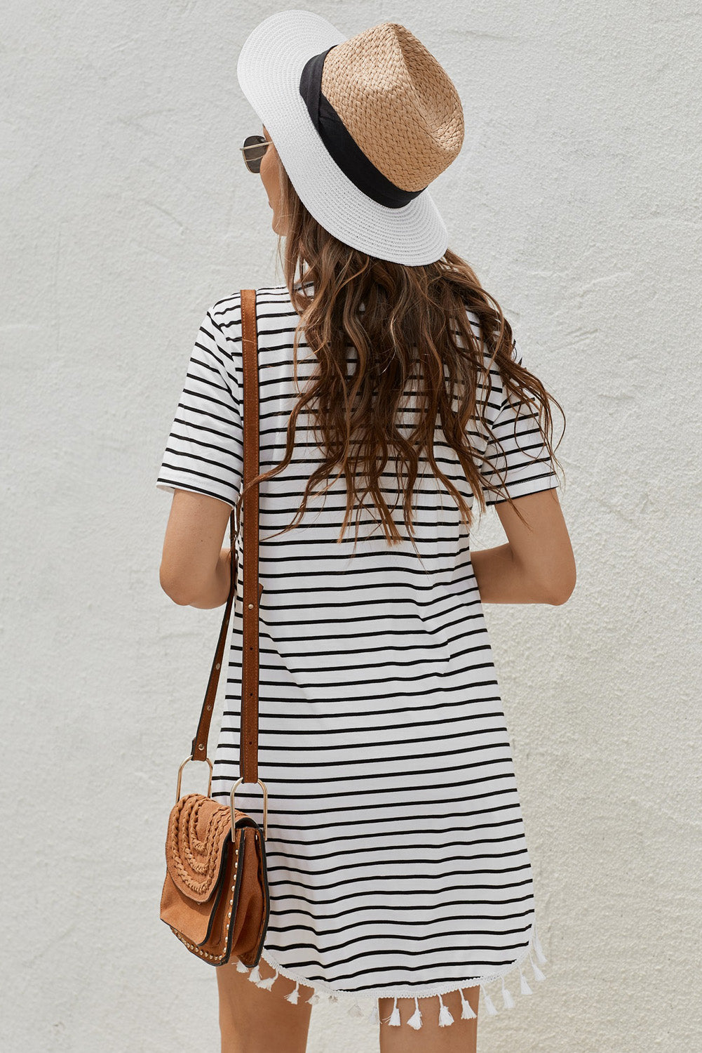 Striped Tassel Round Neck T-Shirt Dress - SHIRLYN.CO