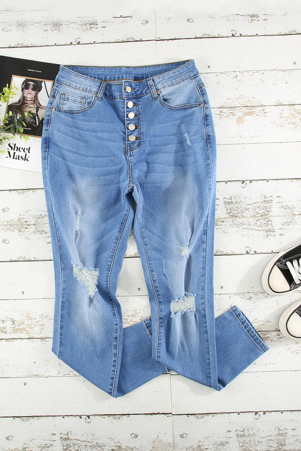 Button Fly Distressed Jeans - SHIRLYN.CO