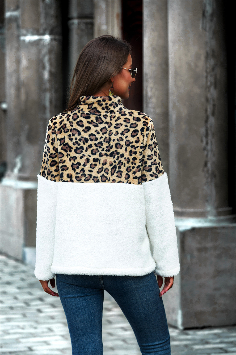 Leopard Color Block Half-Zip Collar Teddy Sweatshirt - SHIRLYN.CO