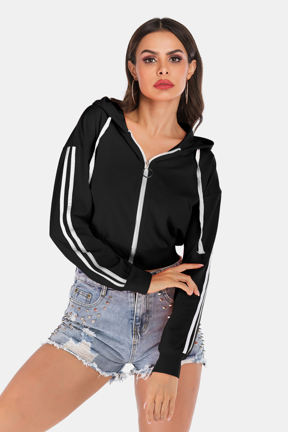 Side Stripe Drawstring Cropped Hooded Jacket - SHIRLYN.CO