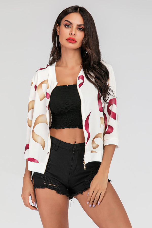 Printed Zip-Up Three-Quarter Sleeve Bomber Jacket - SHIRLYN.CO