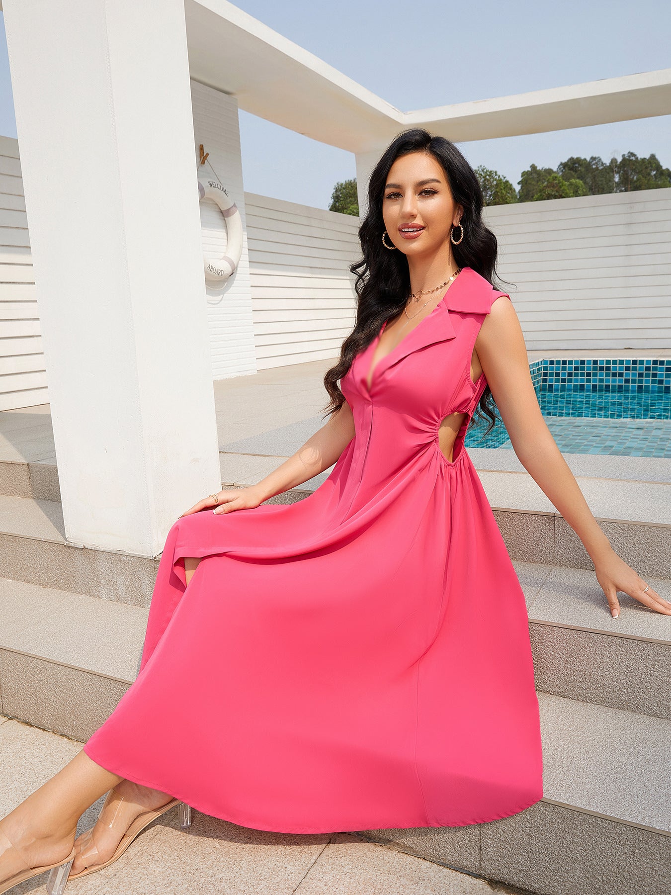 Front Slit Lapel Collar Cutout Midi Dress - SHIRLYN.CO