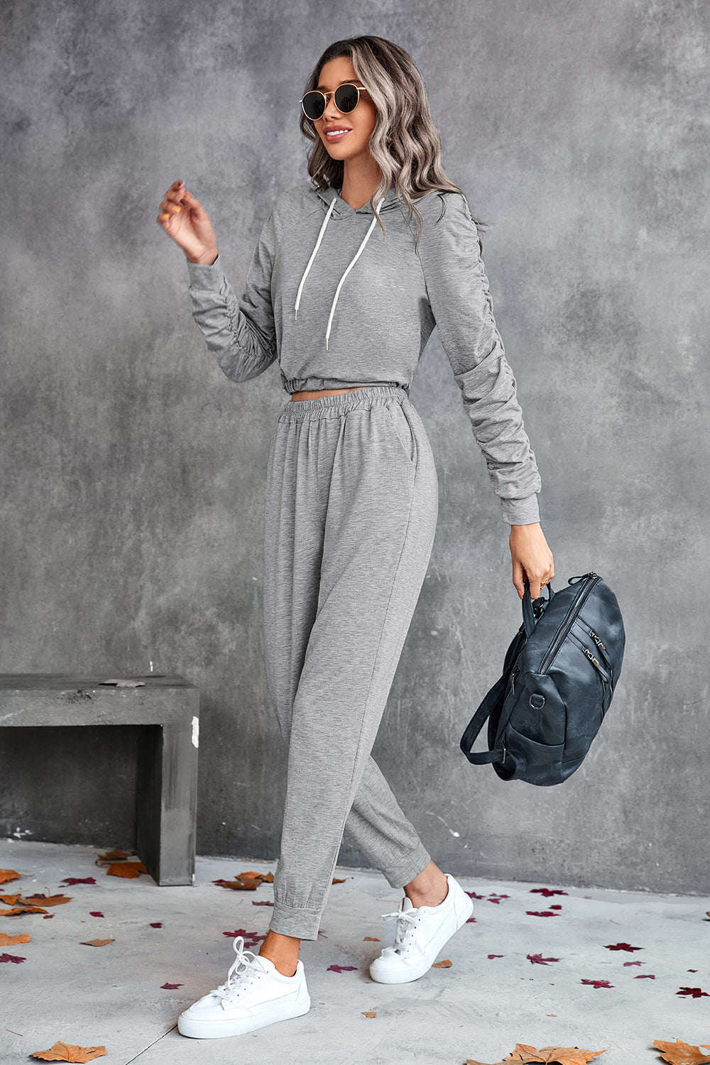 Ruched Raglan Sleeve Hoodie and Joggers Set - SHIRLYN.CO