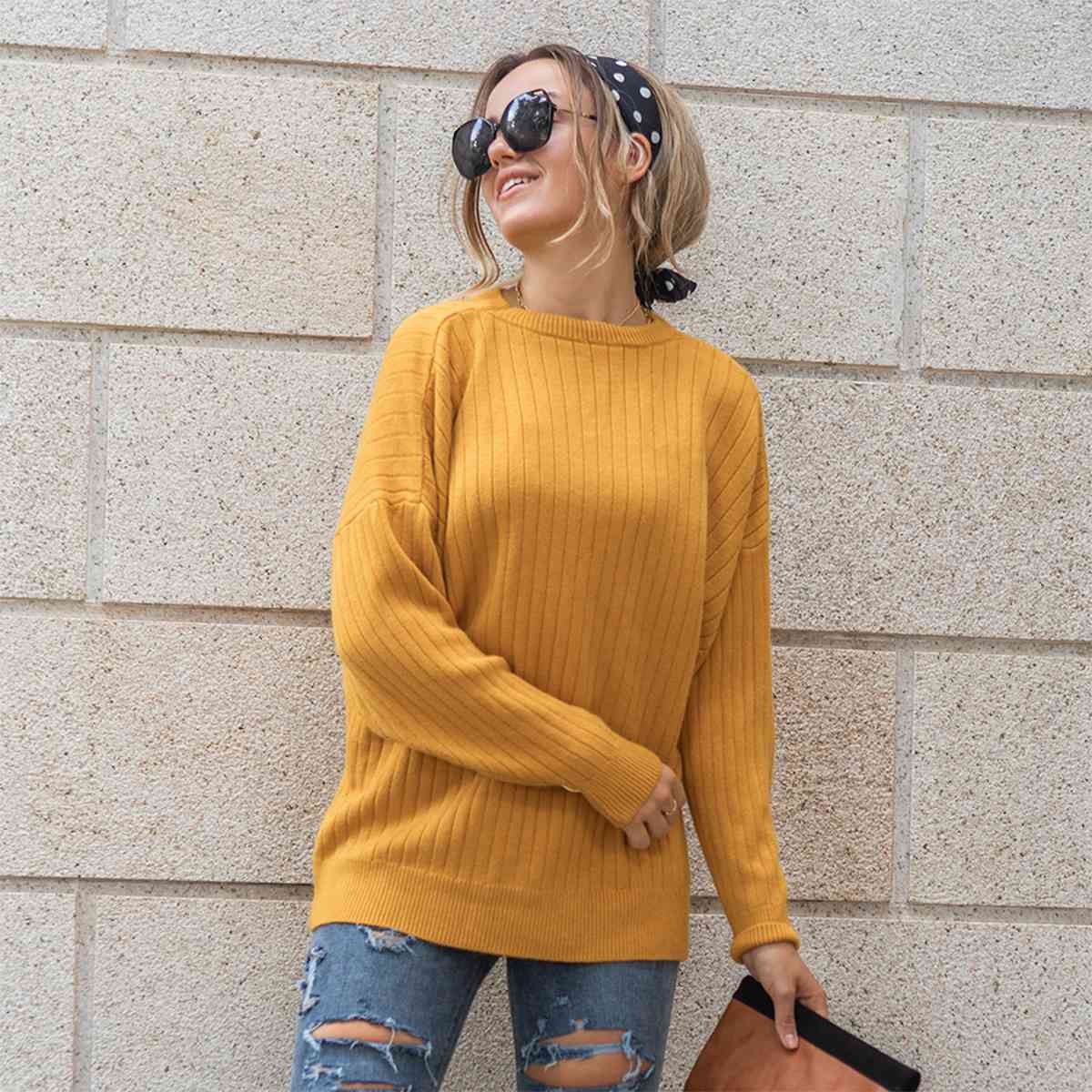 Round Neck Dropped Shoulder Sweater