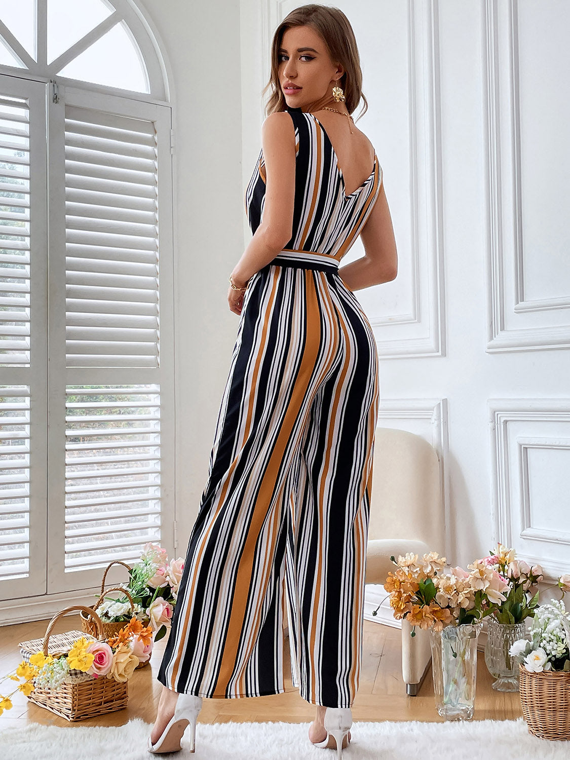 Editor's Choice: Shirlyn's Elegant Striped Sleeveless Wide-Leg Surplice Neck Jumpsuit