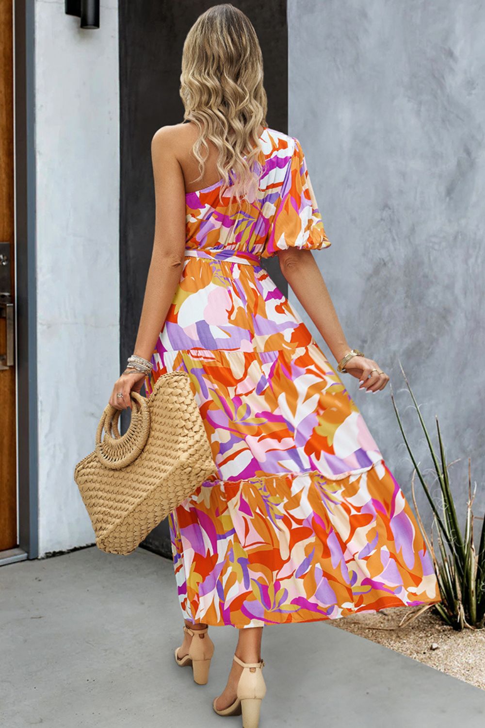 Printed One-Shoulder Tie Belt Maxi Dress - SHIRLYN.CO