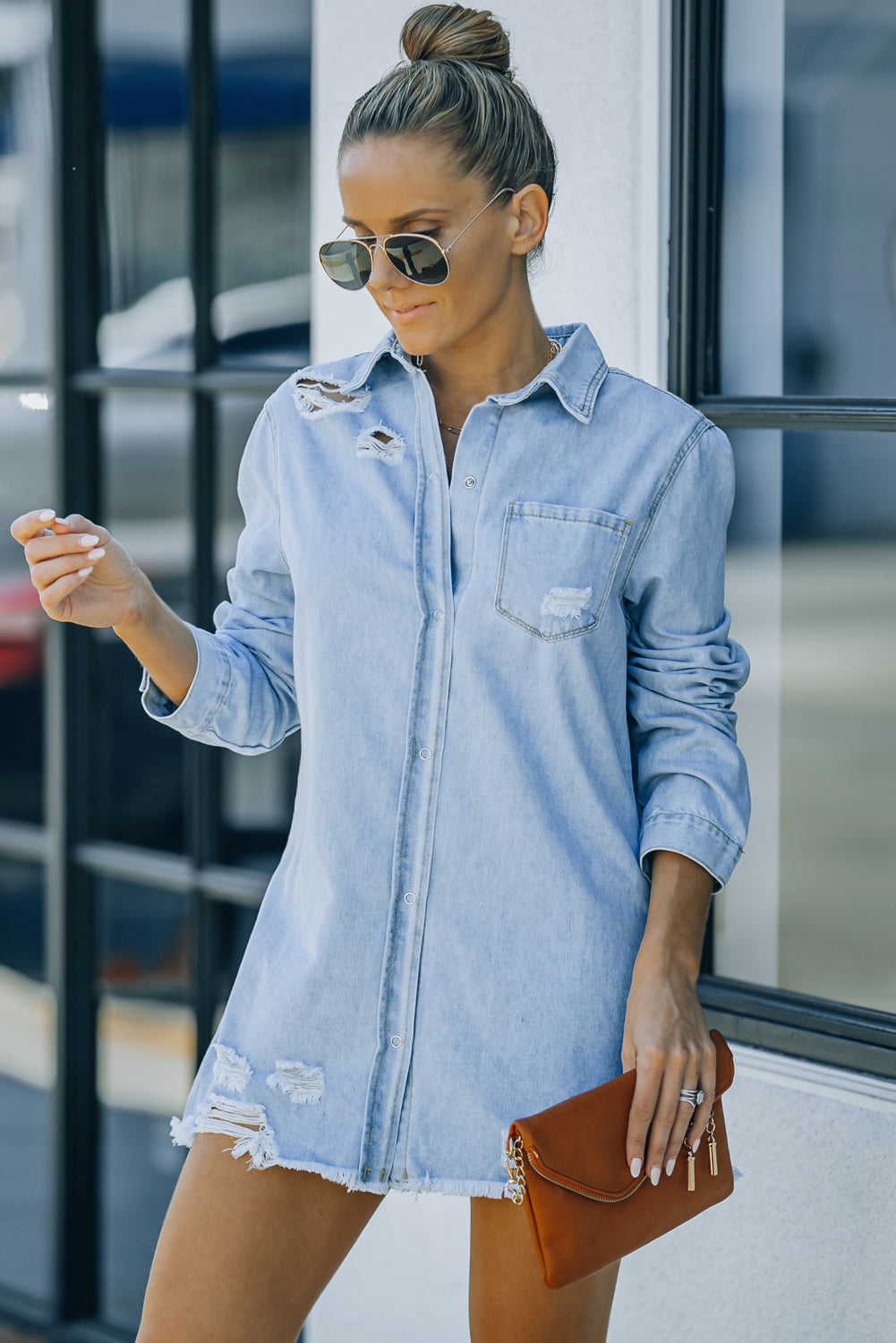 Distressed Snap Down Denim Jacket - SHIRLYN.CO