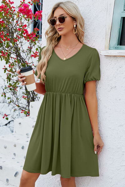 V-Neck Balloon Short Sleeve Dress