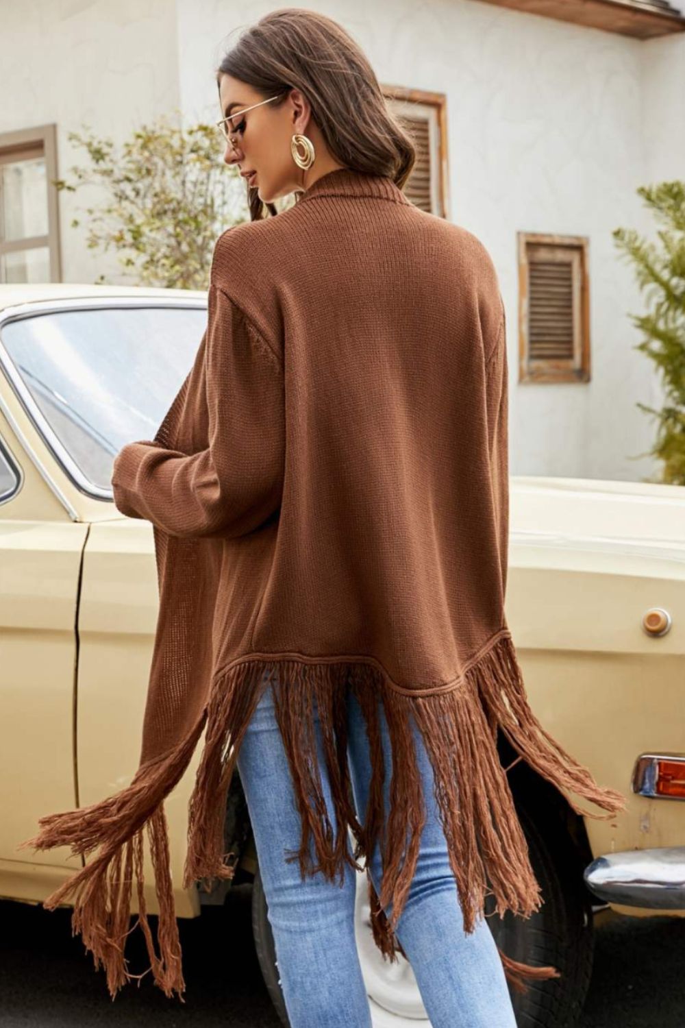 Fringe Hem Open Front Ribbed Trim Cardigan - SHIRLYN.CO