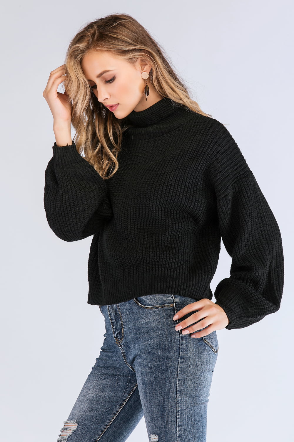 Turtleneck Rib-Knit Dropped Shoulder Sweater