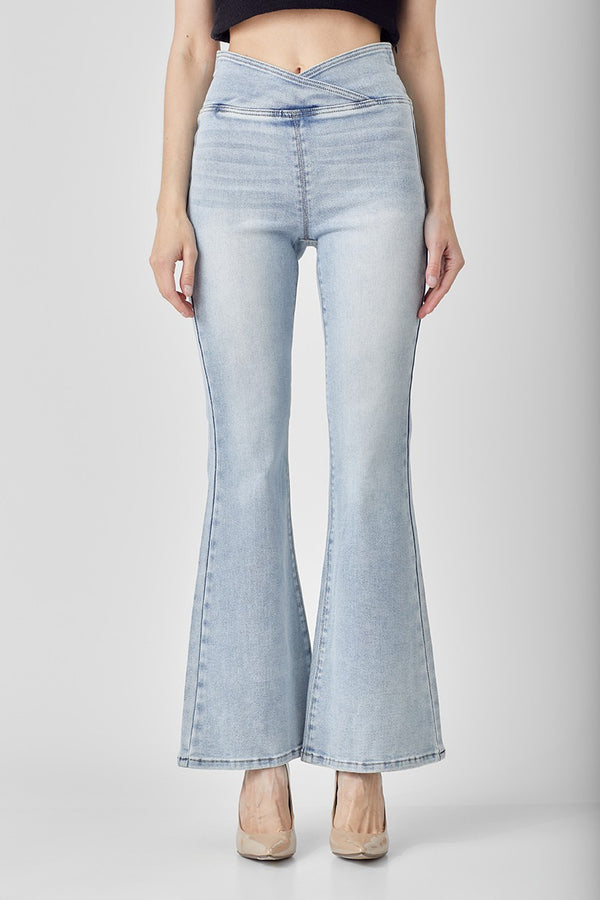 RISEN Crossover Waist Pull-On Flare Jeans - SHIRLYN.CO
