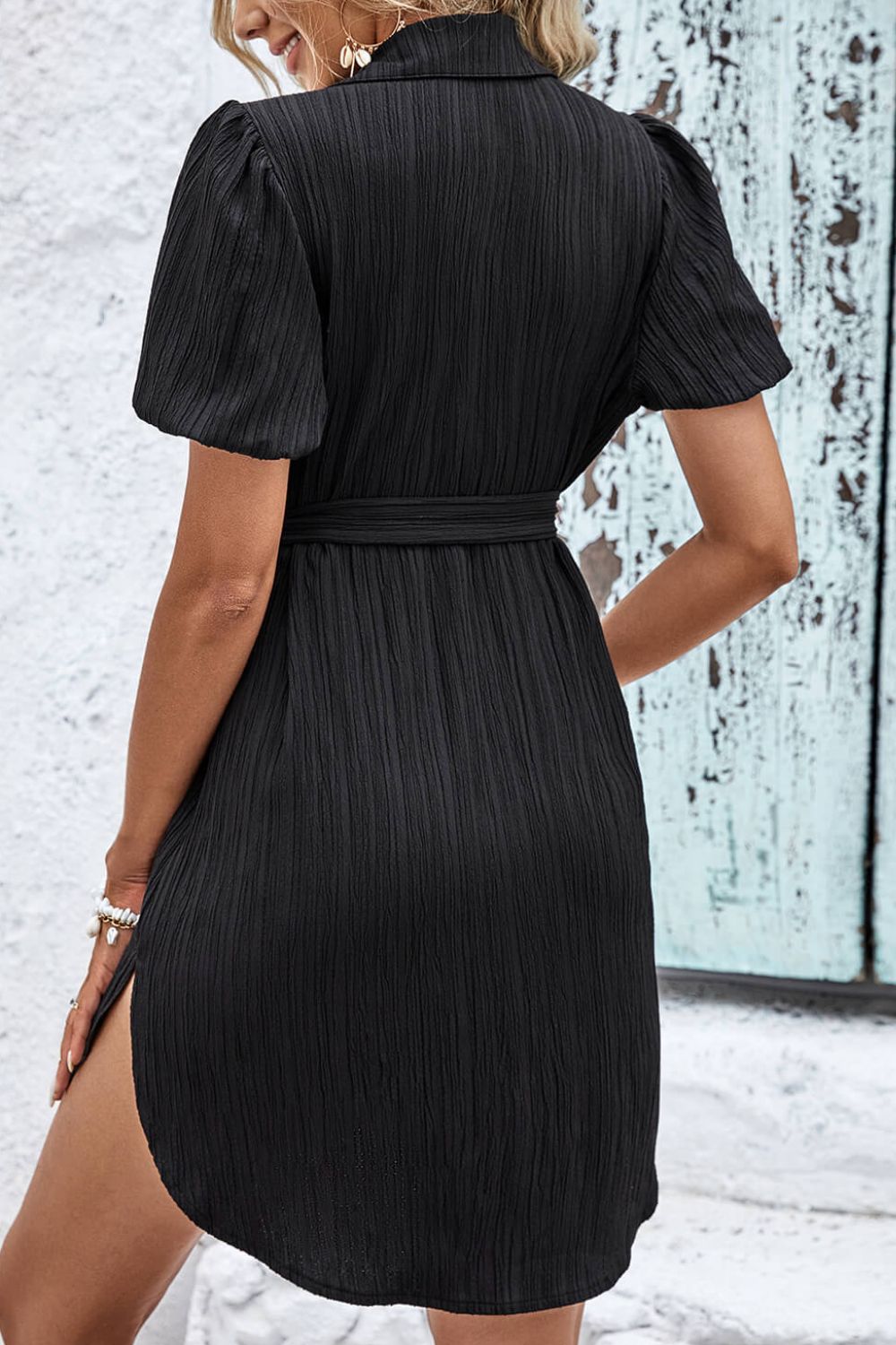 Textured Tie Belt Short Sleeve Dress - SHIRLYN.CO