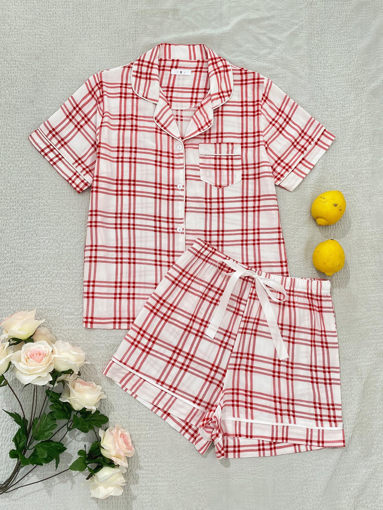 Plaid Lapel Collar Shirt and Shorts Lounge Set - SHIRLYN.CO