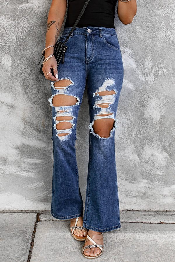 Distressed High Waist Flare Jeans - SHIRLYN.CO