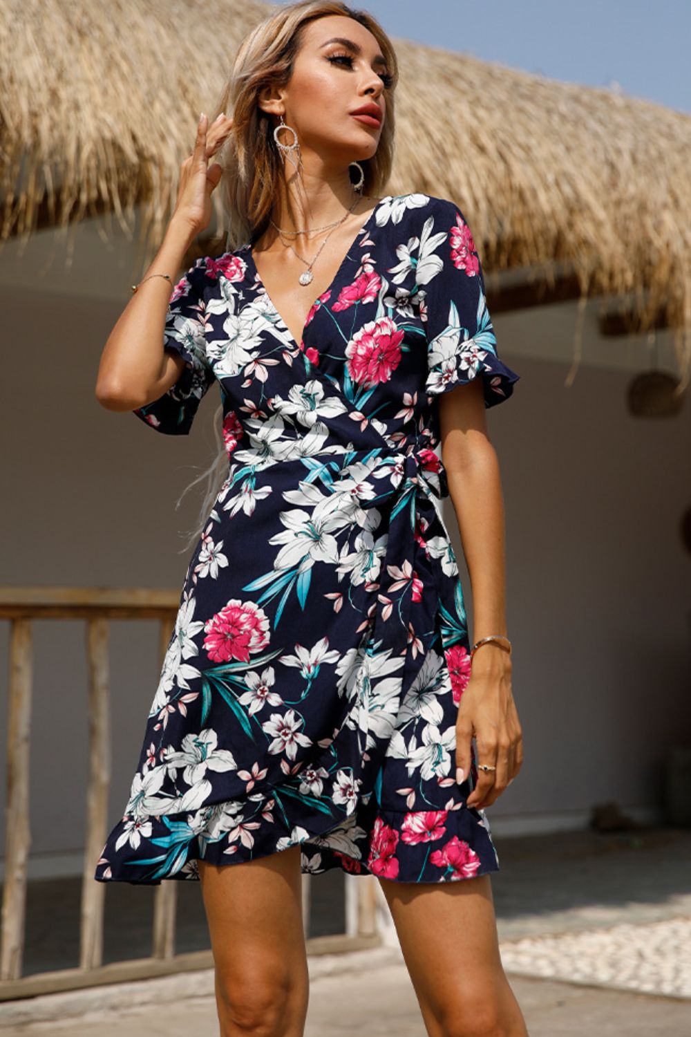 Floral Tied Flounce Sleeve Surplice Dress - SHIRLYN.CO