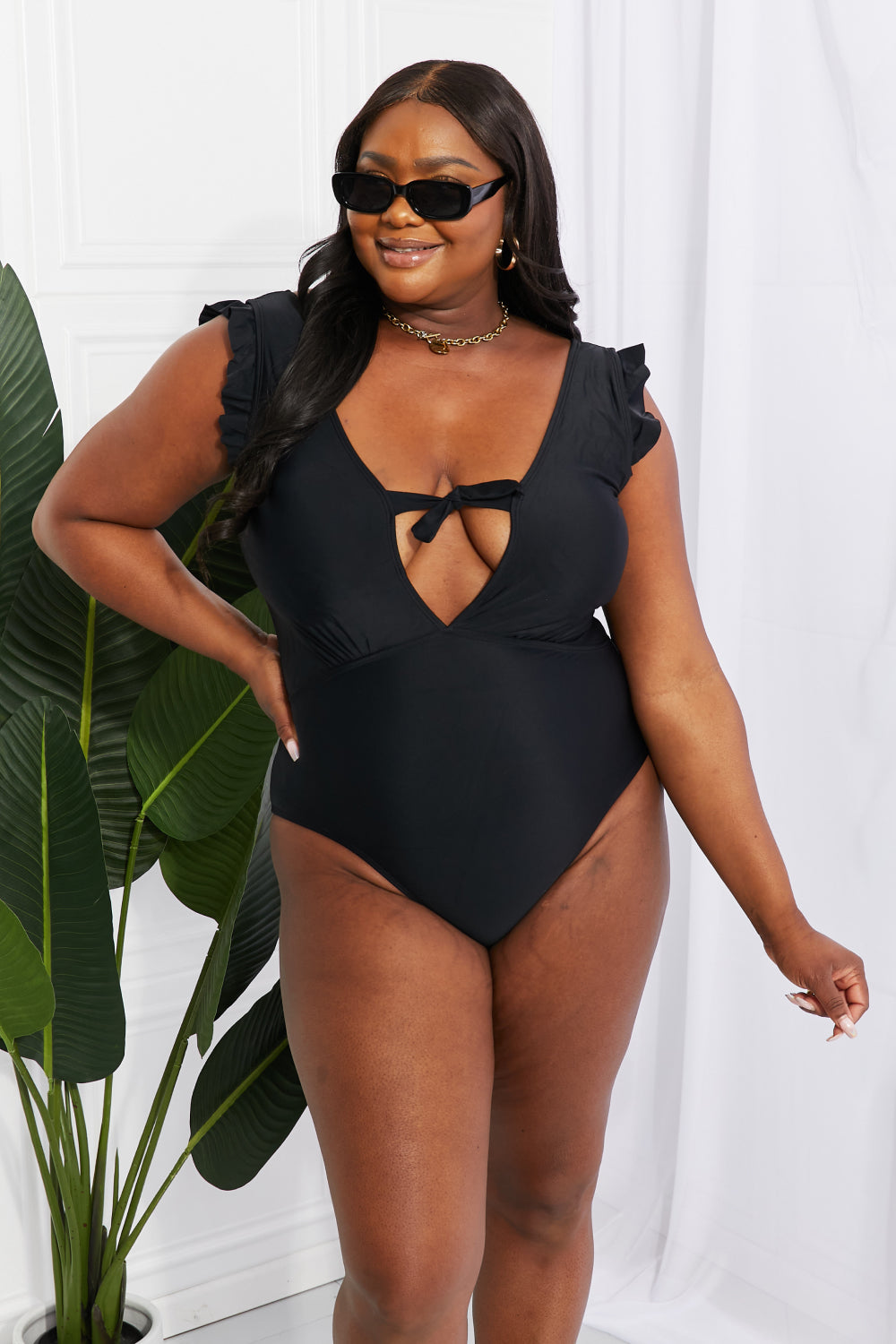 Marina West Swim Seashell Ruffle Sleeve One-Piece in Black - SHIRLYN.CO