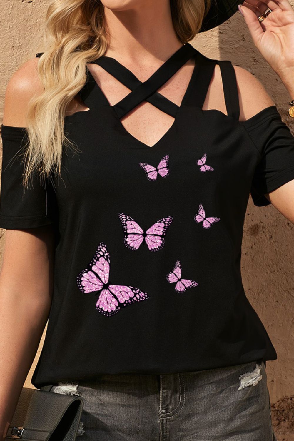 Butterfly Graphic Strappy Cold-Shoulder Top - SHIRLYN.CO