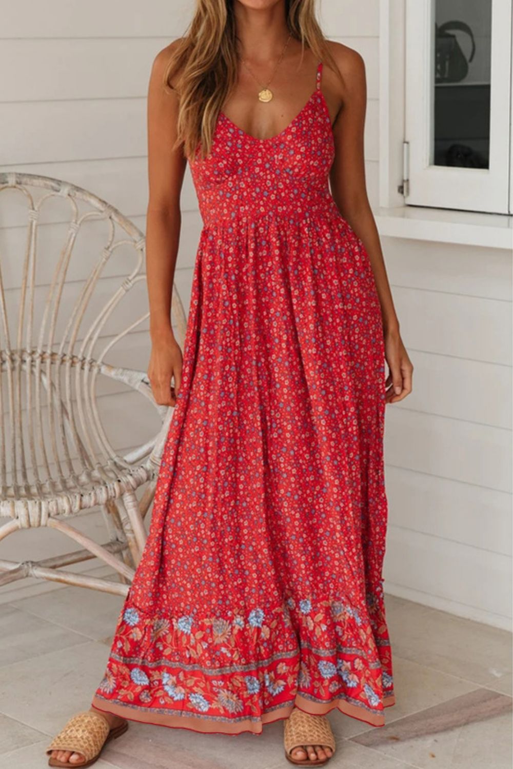 Bohemian Spaghetti Strap Frill Trim Maxi Dress - SHIRLYN.CO