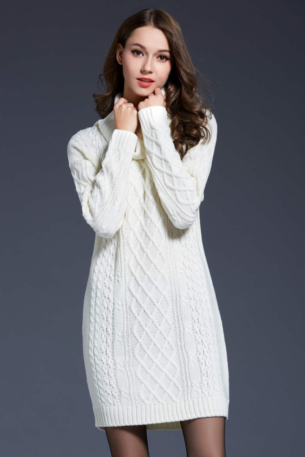 Full Size Mixed Knit Cowl Neck Dropped Shoulder Sweater Dress