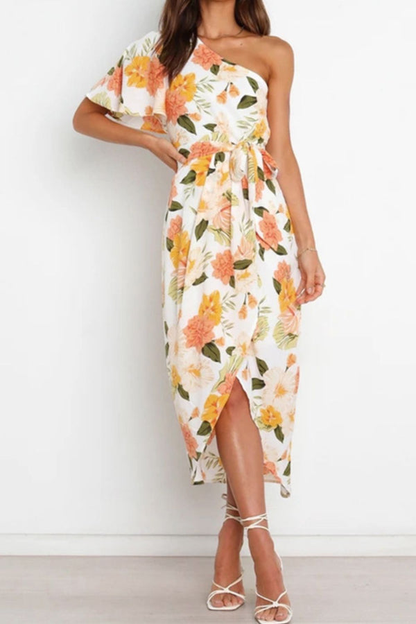 Floral One-Shoulder Tied Tulip Hem Dress - SHIRLYN.CO