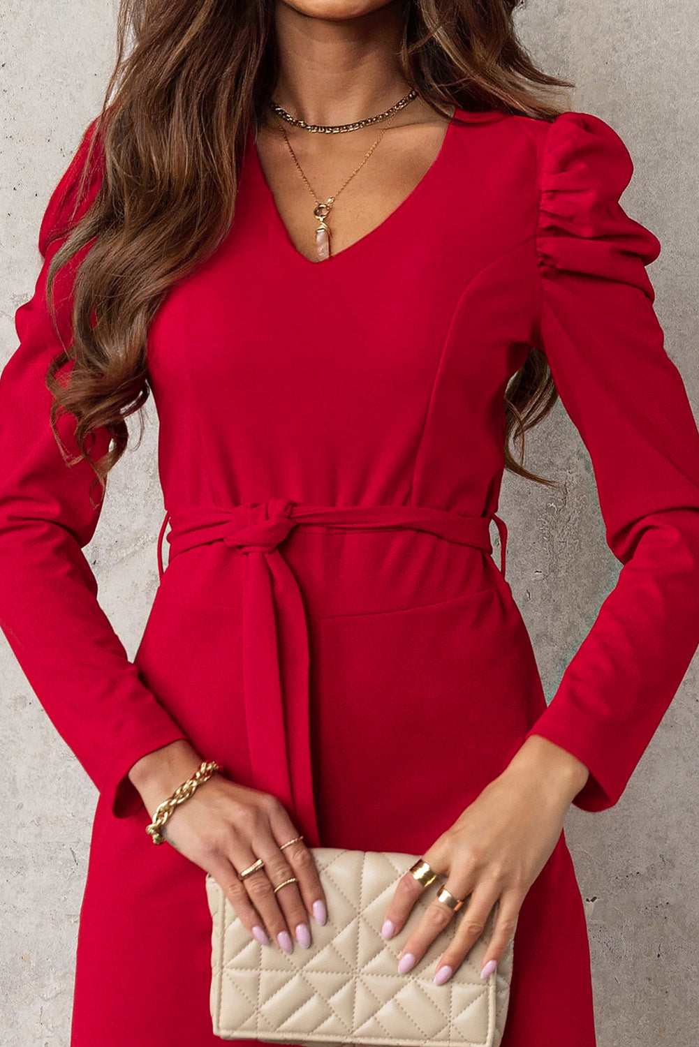 Belted Long Puff Sleeve V-Neck Jumpsuit - SHIRLYN.CO