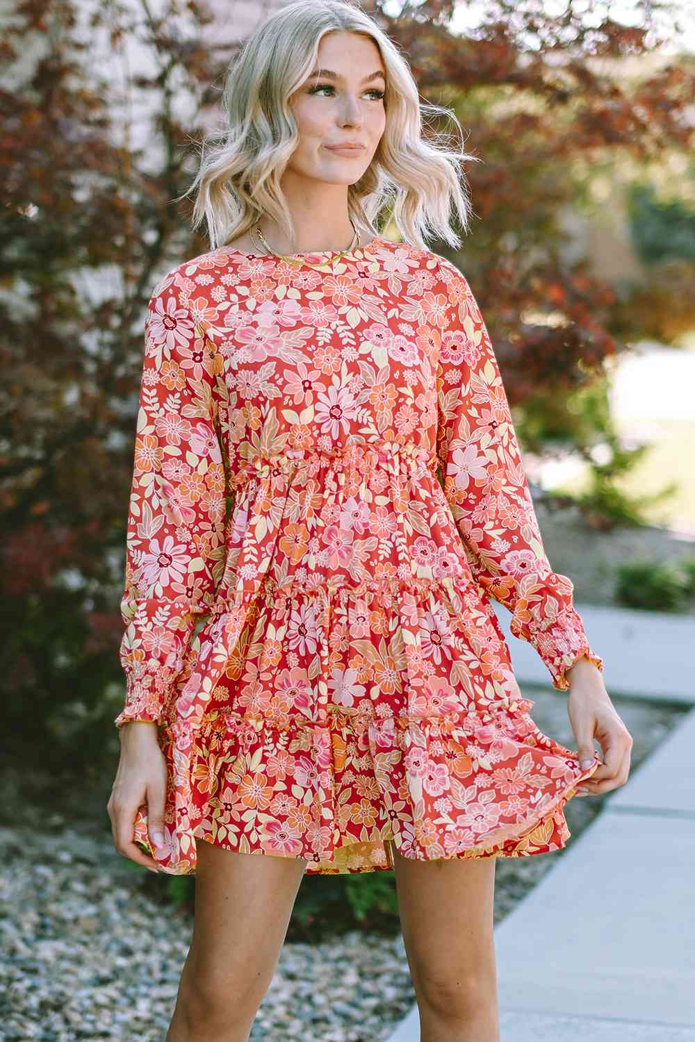 Floral Print Round Neck Long Sleeve Tiered Dress