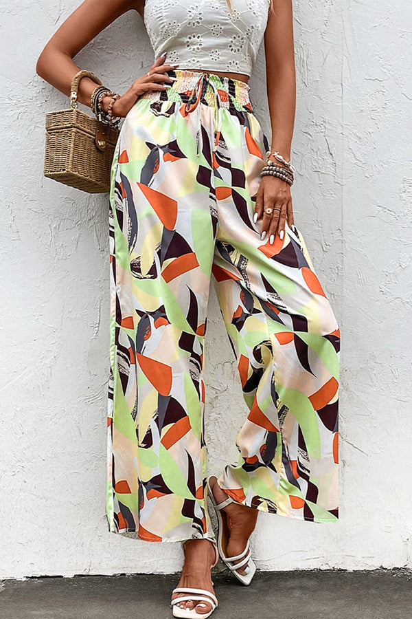 Printed Smocked Waist Wide Leg Pants - SHIRLYN.CO