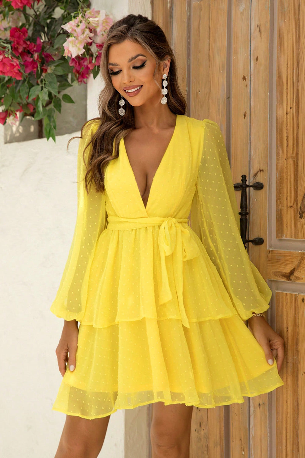 Tie Waist Balloon Sleeve Layered Dress