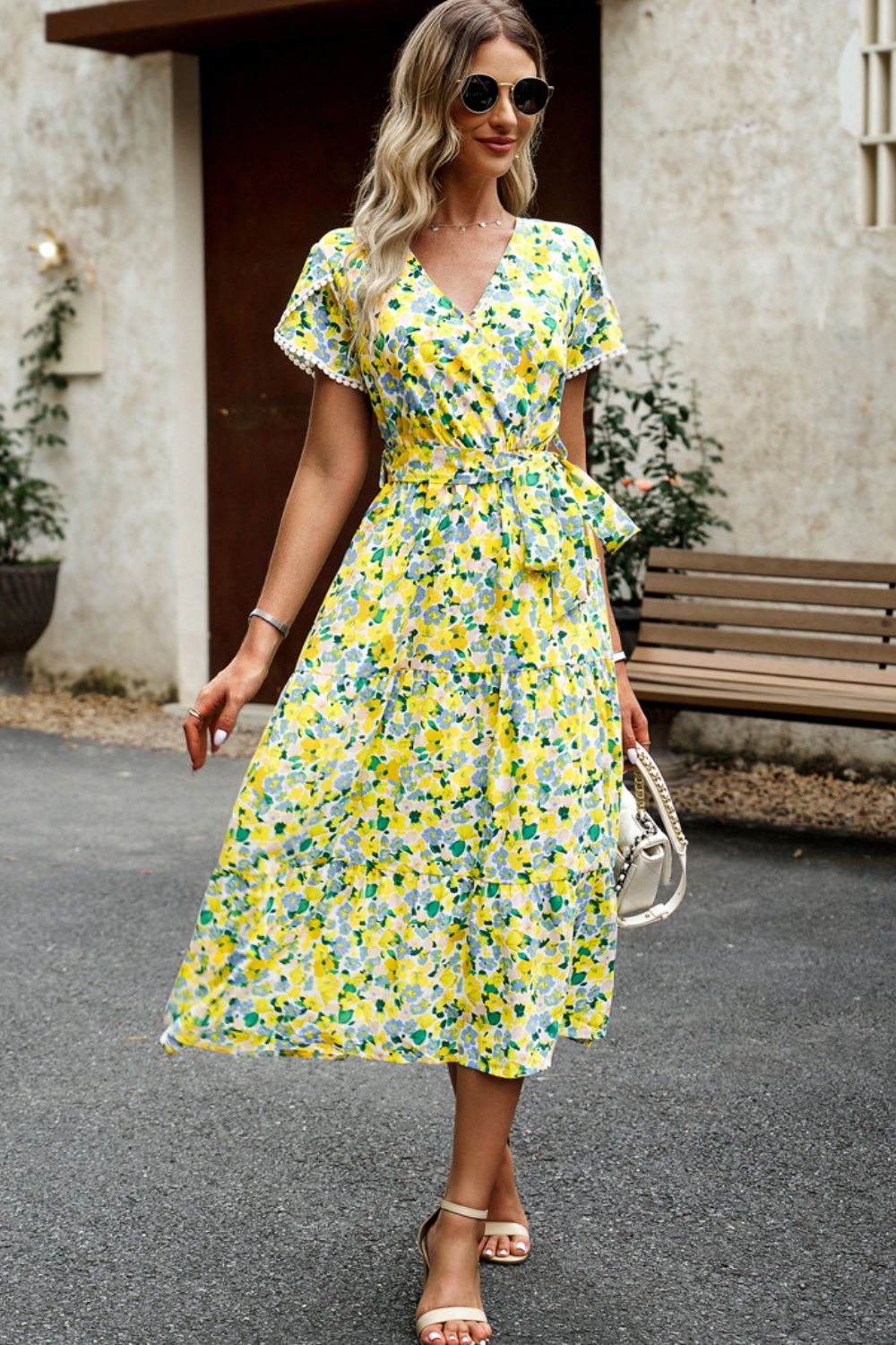 Floral Surplice Neck Tie Waist Slit Dress - SHIRLYN.CO