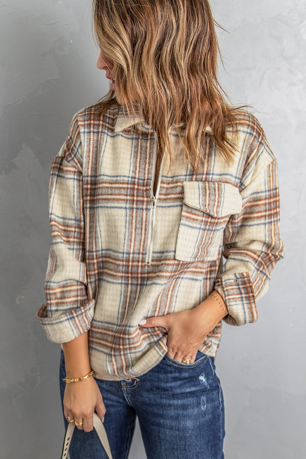 Plaid Half-Zip Collared Curved Hem Sweatshirt - SHIRLYN.CO