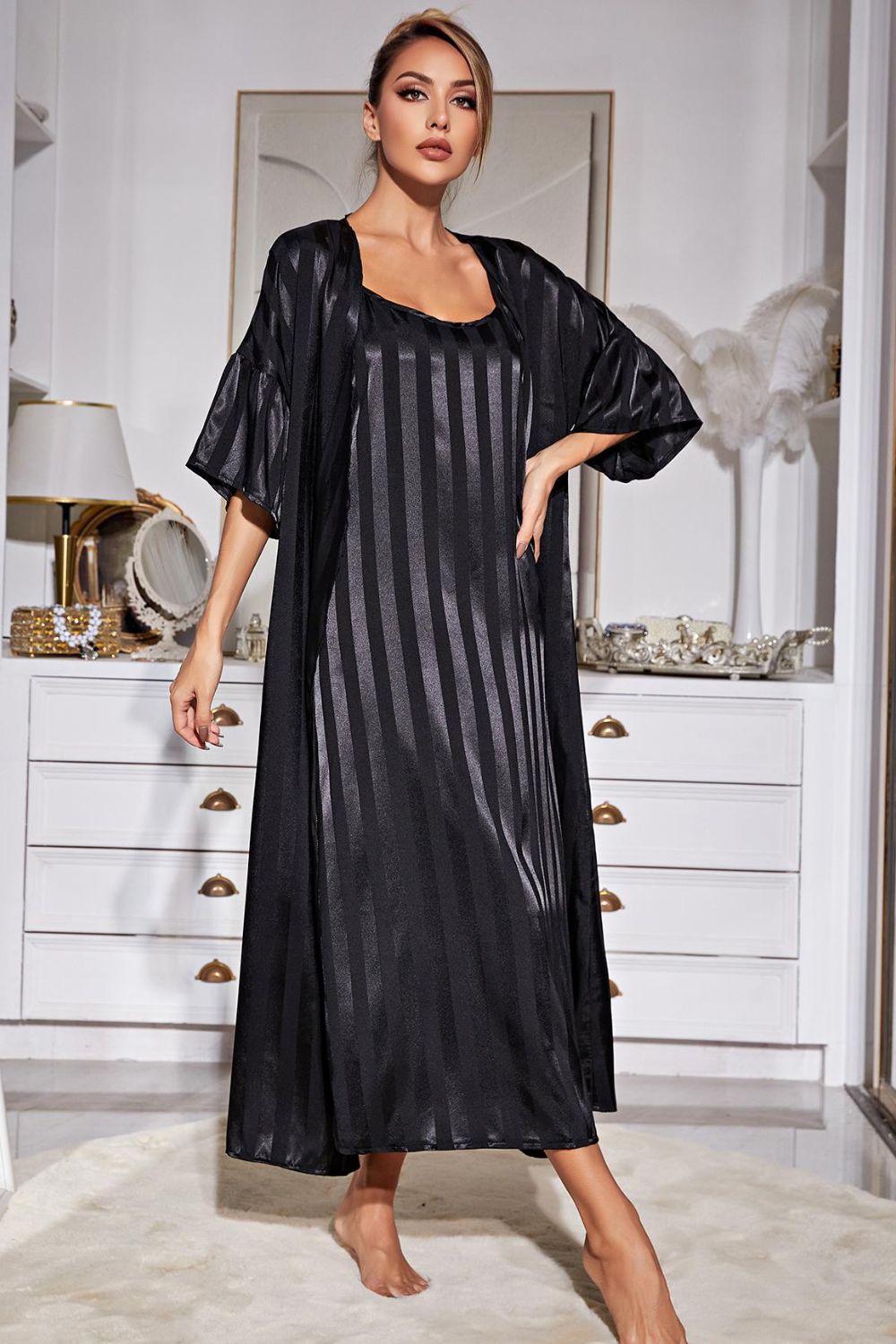 Striped Flounce Sleeve Open Front Robe and Cami Dress Set - SHIRLYN.CO