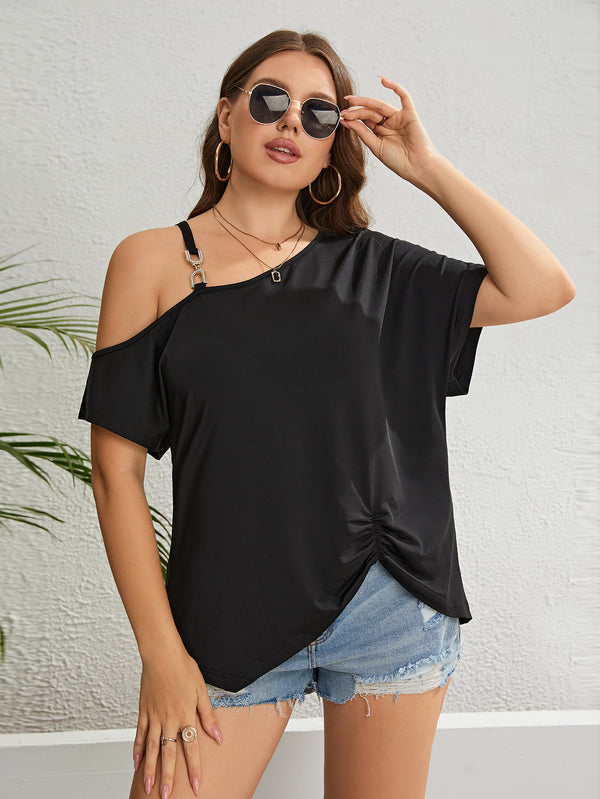 Plus Size Asymmetrical Neck Ruched Short Sleeve Blouse - SHIRLYN.CO