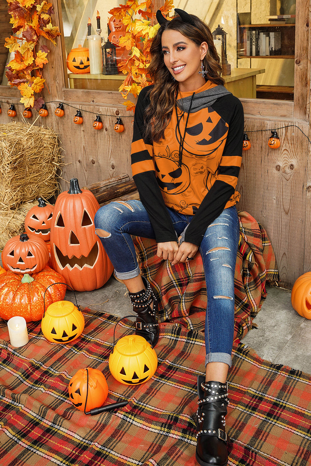 Halloween Pumpkin Print Double Hoods Sweatshirt - SHIRLYN.CO